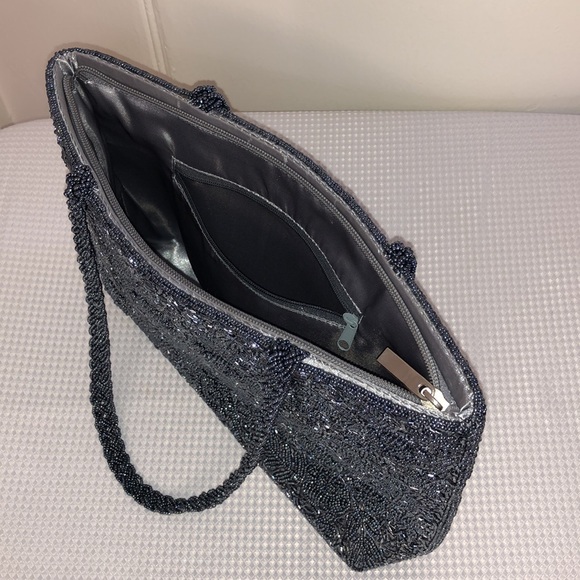 Silver Beaded Bag Braided Double Handle 3-D Floral Pattern Satin Lined 12”x8”x3” - Picture 17 of 17